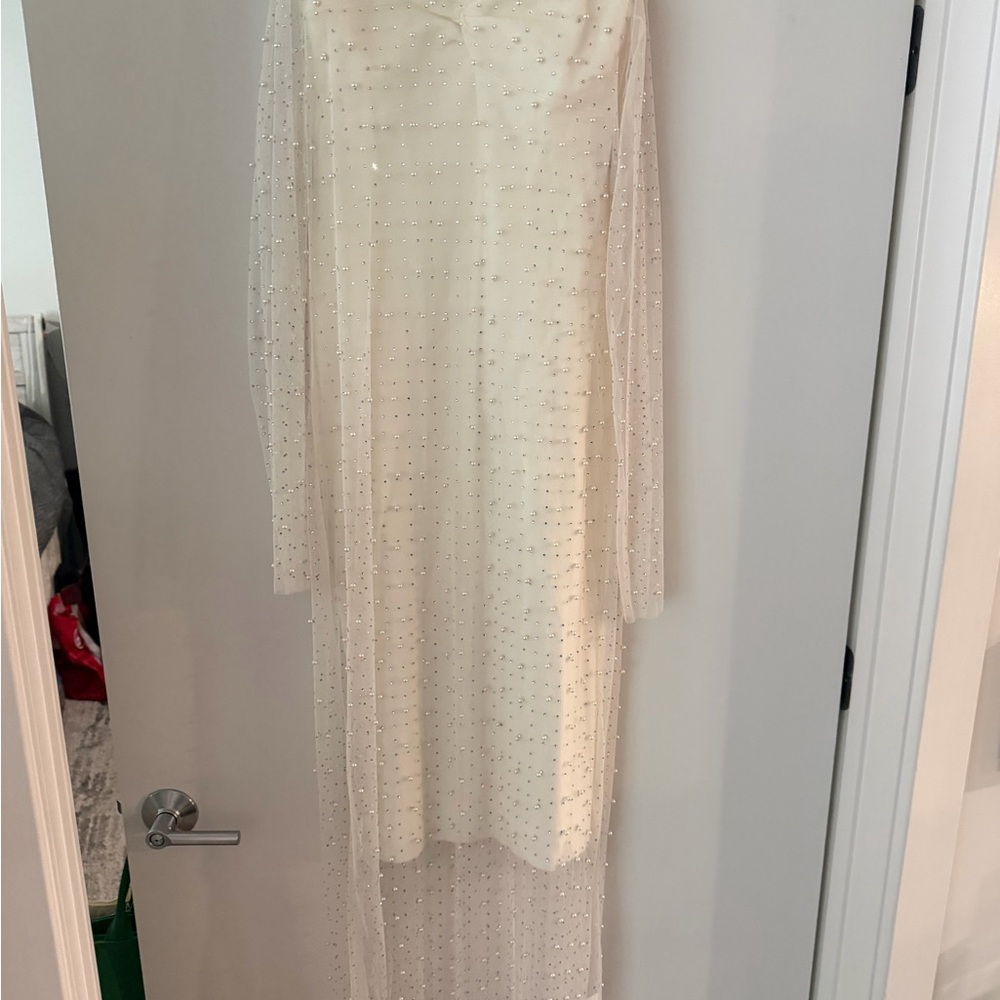 NWT- Cream Dress with Sheer Beaded Overlay